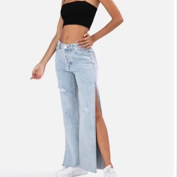 Adika Blue Light Jeans Distressed With Side Slits Button Fly Distressed Sz L New - Picture 1 of 10